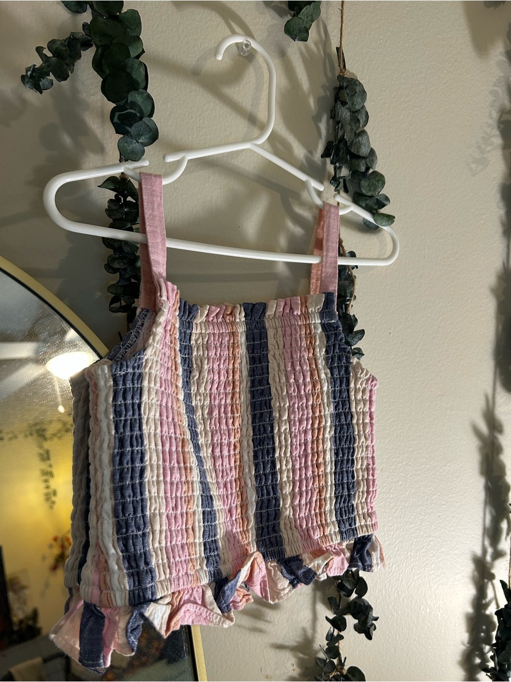 Rare Editions Pink, Navy & Cream Smocked Stripe Tank